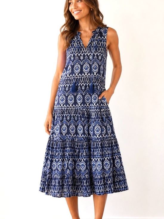 Tommy Bahama Dresses & Skirts - Tommy Bahama Cotton Blue Ikat Tassel Tie Sleeveless Dress Boho Coastal Ruffle S
